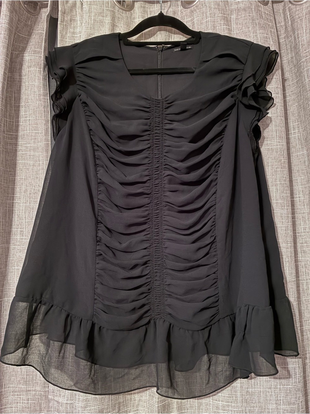 Who What Wear Black Ruched Chiffon Ruffle Blouse XXL
